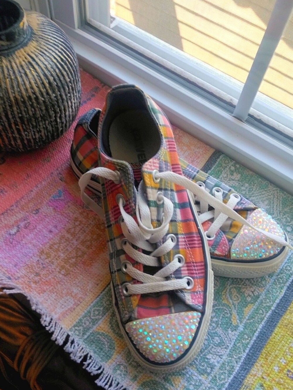 Converse Plaid Low Top Sneakers with Iridescent Rhinestone Toecaps